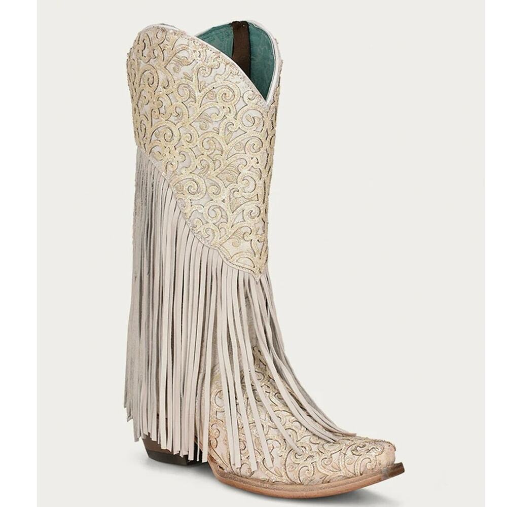 NEW Corral Fringe Embroidered White Cowboy Boots Snip Toe Western Glam Bridal